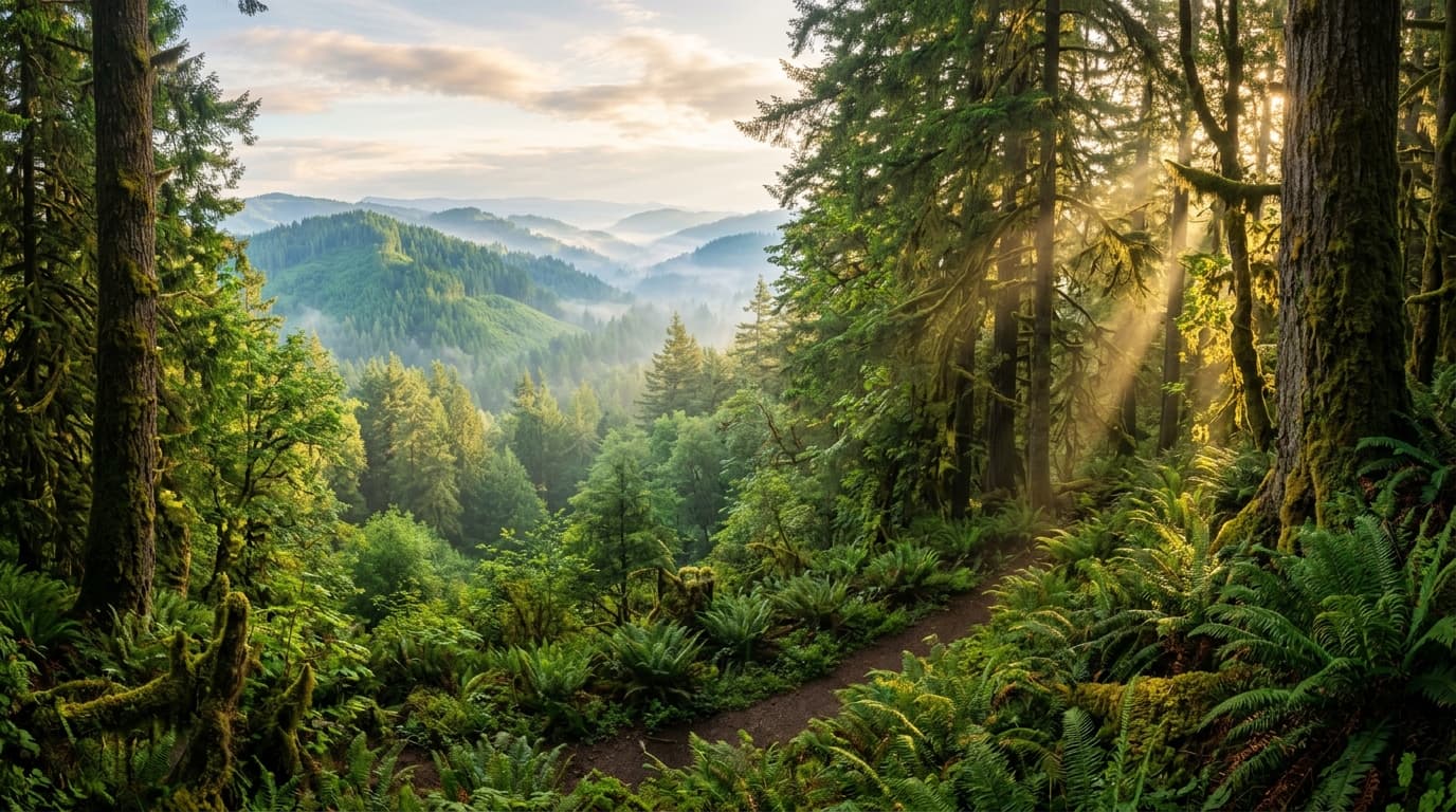 Lush emerald forest canopy in morning mist